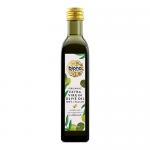 Photograph shows six 500ml dark glass bottles of Biona Organic Italian Extra Virgin Olive Oil arranged in two rows of three on a white background. Each bottle displays a pale green label with olive-branch artwork, the brand name and product text, and green screw caps. Soft highlights, faint shadows.