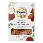Image shows six 375g Biona Organic Choco-Coconut Granola packs arranged in two rows. Each glossy packet displays the Biona logo, large photo of chocolate chunks and coconut flakes atop golden-brown granola, with green label accents and clear nutritional text on a clean white background in close-up.