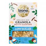 A photograph shows six identical 375g Biona Organic Nutty Clusters Granola packs arranged in two rows. Each pack displays a green Biona logo, white and kraft-colour backdrop, photographic clusters and nut imagery, the product name and a visible 'low sugar' claim on the front. Soft shadows fall across