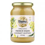 Six glass jars of Biona Organic French Dijon Mustard Strong sit in two neat rows on a white background. Each jar shows a cream label with green Biona logo and black type, pale yellow mustard visible inside, and silver screw-top lids reflecting light, casting soft shadows. Subtle label texture shows.