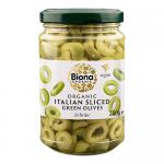 Glass jar shows translucent brine with pale green, thinly sliced olives layered inside. A clean white label with green Biona logo wraps the jar, listing product name in simple typography. Condensation dots the glass; metal lid reflects light against a neutral background. Subtle highlights on the brine.