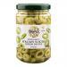 Glass jar shows translucent brine with pale green, thinly sliced olives layered inside. A clean white label with green Biona logo wraps the jar, listing product name in simple typography. Condensation dots the glass; metal lid reflects light against a neutral background. Subtle highlights on the brine.