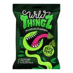 Brightly colored packaging shows ten 130g Wild Thingz bags arranged in a grid, each illustrated with playful cartoon pests and a bold Wild Thingz logo. Clear windows reveal zesty, bug-shaped gummies in vivid green, orange and yellow against a white background. Matte finish, subtle shadowing at edge.