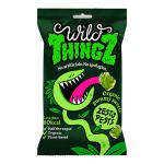 Bright resealable pouch displays playful illustrated pests—lime slices, chilli bolts and grinning bugs—against a citrus-green background. A clear window shows irregular zesty gummies; organic and vegan badges sit near the top and nutrition details appear on the back.