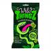 Bright resealable pouch displays playful illustrated pests—lime slices, chilli bolts and grinning bugs—against a citrus-green background. A clear window shows irregular zesty gummies; organic and vegan badges sit near the top and nutrition details appear on the back.