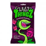 A bright pack of Wild Thingz Organic & Vegan Fruity Flyers fills the frame, its vibrant fruit illustrations and bold logo contrasting against a white background. Translucent gummy discs in mixed pink, orange, yellow and green peek through a clear window, catching soft studio light. Subtle soft sheen