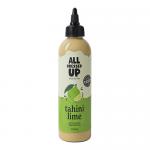 A studio photo shows six 250ml clear bottles of All Dressed Up Tahini & Lime dressing arranged in two rows. Each bottle has a pale beige dressing, a green and white label with lime illustration, and a black screw cap. Soft lighting highlights glossy glass reflections. Against a clean white backdrop.