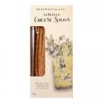 Golden-brown cheese straws lie in a loose bundle beside wedges of soft, blue-veined Bath cheese on a rustic wooden board; flaky layers show crumbly edges and pale interior streaked with indigo mold; sprigs of thyme and coarse salt scatter around against a linen backdrop. A faint paprika dusting rim.