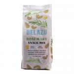 A row of six Belazu Rosemary Snack Mix packets sits against a plain background. Each green-and-white pouch displays the Belazu logo and product name, with a clear window revealing mixed nuts and herb-flecked pieces, and simple nutritional text on the back. Glossy bags reflect light; neat stacked row.