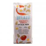 A photo shows six 120g Belazu Smoked Chilli Snack Mix packs arranged in a grid. Each packet displays the Belazu logo, warm red-orange design and a clear window revealing a mix of roasted nuts, seeds and dried fruit dusted with smoked chilli flakes. The packets lie on a pale surface with soft shadow.