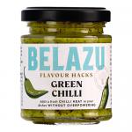 A photo shows six 130g glass jars of Belazu Flavour Hacks Green Chilli arranged in two rows. Each jar reveals vibrant green chilli paste through clear glass, topped with metal lids and a green-and-white label bearing the Belazu logo and product name against a clean white background.