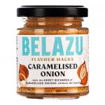 Six small glass jars sit in a cardboard tray, showing dark glossy caramelised onions through clear glass. Each jar has a cream label with the Belazu logo and product name and a black screw lid, arranged neatly against a plain background.