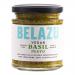 Six 165g glass jars of Belazu Vegan Basil Pesto sit in a neat pack, each jar showing vibrant green pesto through clear glass. White-and-green labels display the Belazu logo and product name; gold lids reflect light. Clear shrink-wrap secures the set.