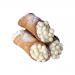 A clear bakery box displays six Di Santo white chocolate cannoli nestled in a tray. Each golden pastry shows creamy white chocolate coating at the ends and a textured ricotta-filled center. Branded label and family bakery logo sit on the package, conveying artisanal heritage. Soft sheen is apparent.