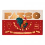 A glossy chocolate bar sits half-unwrapped in a bright wrapper bearing the bold FATSO logo. The chocolate coating gleams; a cross-section reveals dense clusters of oats, nuts and cereal, with visible seeds and a sticky caramel-like sheen, against a simple neutral background.