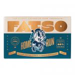 A rectangular cardboard box of Fatso Home Run Bars sits open to reveal eleven individually wrapped 150g chocolate bars. Bright yellow and red wrappers contrast the glossy dark-brown chocolate coating. The bold FATSO logo and baseball-themed graphics appear on each wrapper. Bars overlap slightly now.