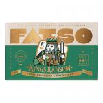 A large chocolate bar sits in glossy, colorful wrapper. Bold FATSO lettering fills the center against a deep brown backdrop, accented with metallic gold trim. Playful crown and stylized chocolate squares decorate the design, while a torn corner reveals textured, chunky chocolate beneath. With shine.