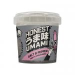 A photo shows twelve 100g Honest Umami Salt & Pepper packets arranged in rows. Clean white pouches feature bold Honest Umami branding and clear Salt & Pepper labeling, simple monochrome icons, a small net-weight mark and a nutrition/ingredient panel, all on a plain white background.