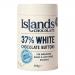 A pile of oversized pale-ivory chocolate buttons spills from a clear pouch labeled Islands Chocolate 37% white. The giant discs show smooth, glossy tops and rounded edges, some stacked and some scattered on a neutral background, with soft highlights that emphasize their creamy texture. Subtle sheen.