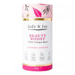 Twelve 150g containers of Jade & Joy Superfoods Beauty Boost in Raspberry Lemonade packaging are arranged in a neat grid. Each container features pastel raspberry and lemon graphics, a minimalist Jade & Joy logo and the product name against a white background.