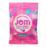 Bright pack shows sixteen 70g JOM Organic Raspberry & Blackcurrant gummy bags arranged in a grid, each wrapper featuring vivid raspberry and blackcurrant illustrations, purple and red tones, a clear window revealing berry-shaped gummies and the brand logo at top.