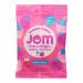 Bright pack shows sixteen 70g JOM Organic Raspberry & Blackcurrant gummy bags arranged in a grid, each wrapper featuring vivid raspberry and blackcurrant illustrations, purple and red tones, a clear window revealing berry-shaped gummies and the brand logo at top.