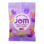 Pouch displays JOM Organic Sour Blueberry & Raspberry Gummies branding above a clear window that reveals assorted berry-shaped gummies in deep blueberry and bright raspberry hues. A navy matte backdrop frames white lettering and a small organic certification emblem. A subtle gloss edges the clear window.