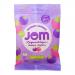 Pouch displays JOM Organic Sour Blueberry & Raspberry Gummies branding above a clear window that reveals assorted berry-shaped gummies in deep blueberry and bright raspberry hues. A navy matte backdrop frames white lettering and a small organic certification emblem. A subtle gloss edges the clear window.