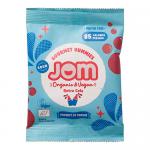 A row of fifteen compact JOM Snack Packs displays organic sour retro cola sweets in bright, vintage-inspired wrappers. Each 25g pouch shows cola-bottle graphics, brown and cream tones, and bold typography. The packs sit stacked and slightly fanned on a neutral backdrop. Soft studio gloss crowns it.