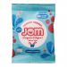 A row of fifteen compact JOM Snack Packs displays organic sour retro cola sweets in bright, vintage-inspired wrappers. Each 25g pouch shows cola-bottle graphics, brown and cream tones, and bold typography. The packs sit stacked and slightly fanned on a neutral backdrop. Soft studio gloss crowns it.