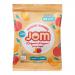 A stack of 15 slim 25g orange-and-white pouches displays the JOM logo and 'Organic Sour Juicy Peach' wording. Each packet shows glossy peach illustrations and a small clear window revealing sugar-dusted, translucent peach-colored gummies against a plain white background.