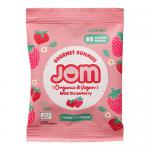 A bundle of fifteen JOM Snack Packs sits in a neat grid, each 25g packet showing bright red wild strawberries and translucent pink gummy shapes through a clear window. Natural-tone packaging features green organic label, playful typography and glossy finish under studio lighting. Soft studio shadows.