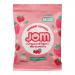 A bundle of fifteen JOM Snack Packs sits in a neat grid, each 25g packet showing bright red wild strawberries and translucent pink gummy shapes through a clear window. Natural-tone packaging features green organic label, playful typography and glossy finish under studio lighting. Soft studio shadows.