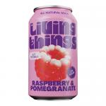 A row of twelve slim 330ml aluminum cans of Living Things Raspberry & Pomegranate soda displays vivid raspberry-pomegranate gradient labels with a bold white logo. Carbonated rose-red liquid shimmers inside, tiny bubbles rising as droplets bead on chilled metal. Soft studio light creates reflections
