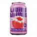 A row of twelve slim 330ml aluminum cans of Living Things Raspberry & Pomegranate soda displays vivid raspberry-pomegranate gradient labels with a bold white logo. Carbonated rose-red liquid shimmers inside, tiny bubbles rising as droplets bead on chilled metal. Soft studio light creates reflections
