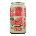 A photo shows twelve 330ml cans of Living Things Watermelon & Lime Soda arranged in a neat tray. The cans feature watermelon-pink and lime-green graphics with stylized fruit slices, sparkling bubble motifs and light condensation on metallic surfaces, set against a soft white backdrop. Soft light reflects.
