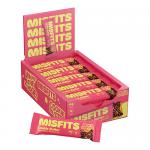 Image shows a pack of 15 Misfits Plant Based Cookie Butter protein bars neatly stacked in a branded cardboard box. Each individually wrapped bar displays warm beige and brown packaging with bold white logo; one unwrapped bar in front reveals a soft, crumbly cookie-butter interior.