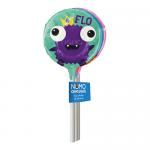 Image shows a rectangular carton of 24 individually wrapped chocolate lollipops. Bright assorted wrappers feature playful Nomster characters. Round chocolate heads sit on white sticks, and the cheerful box artwork displays colorful graphics and the product name.