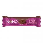 A glossy rectangular chocolate bar sits in a bright wrapper featuring the NOMO logo and bold Countline lettering. A close-up shows glossy chocolate squares and scattered plump raisins, with warm brown tones, golden accents and small icons indicating ingredients. Subtle matte trim and clear label info