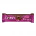 A glossy rectangular chocolate bar sits in a bright wrapper featuring the NOMO logo and bold Countline lettering. A close-up shows glossy chocolate squares and scattered plump raisins, with warm brown tones, golden accents and small icons indicating ingredients. Subtle matte trim and clear label info