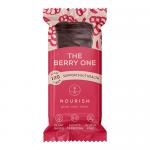 A stack of rectangular berry snack bars sits on a light wood board; each bar shows visible red berry pieces, oats and seeds, with a thin glossy drizzle. A colorful wrapper nearby displays the brand name and botanical berry illustrations. Soft natural light warms the scene. Cool blue foil edge trims.