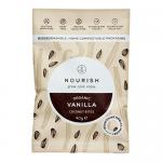 A compact rectangular box of Nourish Vanilla Bites shows soft cream-and-pale-green packaging. The front features a close-up photo of bite-sized vanilla pieces with a light drizzle, clear brand lettering, small illustrative vanilla pod, concise icons and neat typography on a clean, airy background.