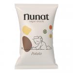 A neat stack of twelve 150g Nunat potato snack packs fills the frame. Brightly colored bags display the Nunat logo, a potato illustration and crisp chip images. A vegan icon and weight text appear prominently as glossy packaging catches soft studio light.