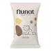 A neat stack of twelve 150g Nunat potato snack packs fills the frame. Brightly colored bags display the Nunat logo, a potato illustration and crisp chip images. A vegan icon and weight text appear prominently as glossy packaging catches soft studio light.