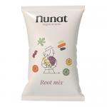 A glossy 90g pouch of Nunat Root Mix Vegan Snacks displays the Nunat logo, warm orange and purple hues, stylized root vegetable illustrations (beet, carrot, parsnip), a clear window showing golden crisps, simple icons and clean sans-serif labeling.