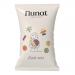 A glossy 90g pouch of Nunat Root Mix Vegan Snacks displays the Nunat logo, warm orange and purple hues, stylized root vegetable illustrations (beet, carrot, parsnip), a clear window showing golden crisps, simple icons and clean sans-serif labeling.