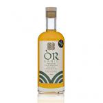 Single 200ml clear glass bottle of golden rapeseed oil stands upright on a neutral background. The label shows ÒR-ganic branding with green and gold accents and text declaring Premium Cold Pressed Organic Rapeseed Oil. A dark screw cap seals the neck; light glints on the oil. Subtle shadows beneath.