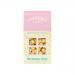 A close-up photograph shows a clear bag of Popcorn Shed Birthday Cake popcorn. Fluffy kernels wear pastel pink and white candy coatings and are dotted with rainbow sprinkles. The package label features playful typography and a small window revealing the colourful contents.