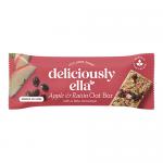 A rectangular carton of 16 individually wrapped 50g oat bars sits on a neutral surface. Packaging uses warm browns and reds, showing apple and raisin illustrations with cinnamon motifs. The brand logo appears bold; a cross-section reveals textured oats and fruit flecks. Shiny wrappers reflect light.