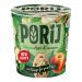 A single-serve porridge pot sits on a clean white background. The label features a green brand logo, illustrated apple slices and cinnamon sticks over a warm beige oat texture. A clear plastic lid and colorful banding give the pot a fresh, homey look.